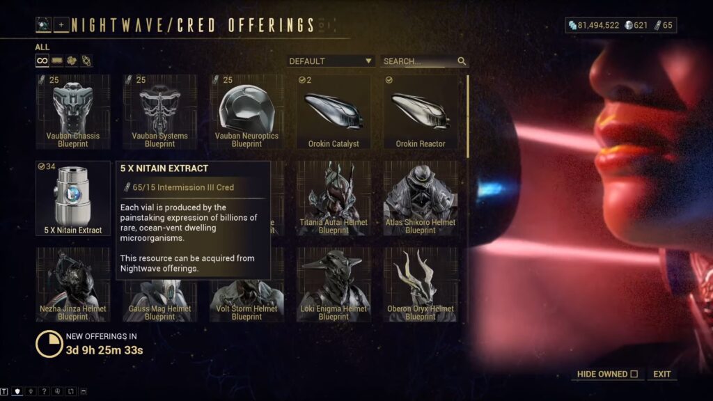 Warframe Nitain Extract in Nightwave Cred Offerings