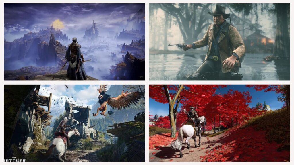Collage with The Witcher 3, Red Dead Redemption 2, Elden Ring, and Ghost of Tsushima