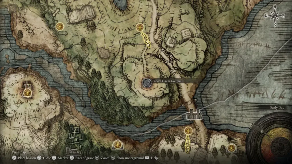 Map showing Forlorn Hound Evergaol location in Elden Ring